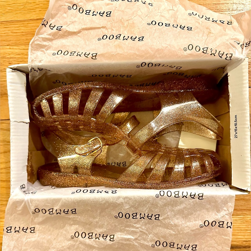 Gold/bronze glitter jellies sandals, size 7, by Bamboo